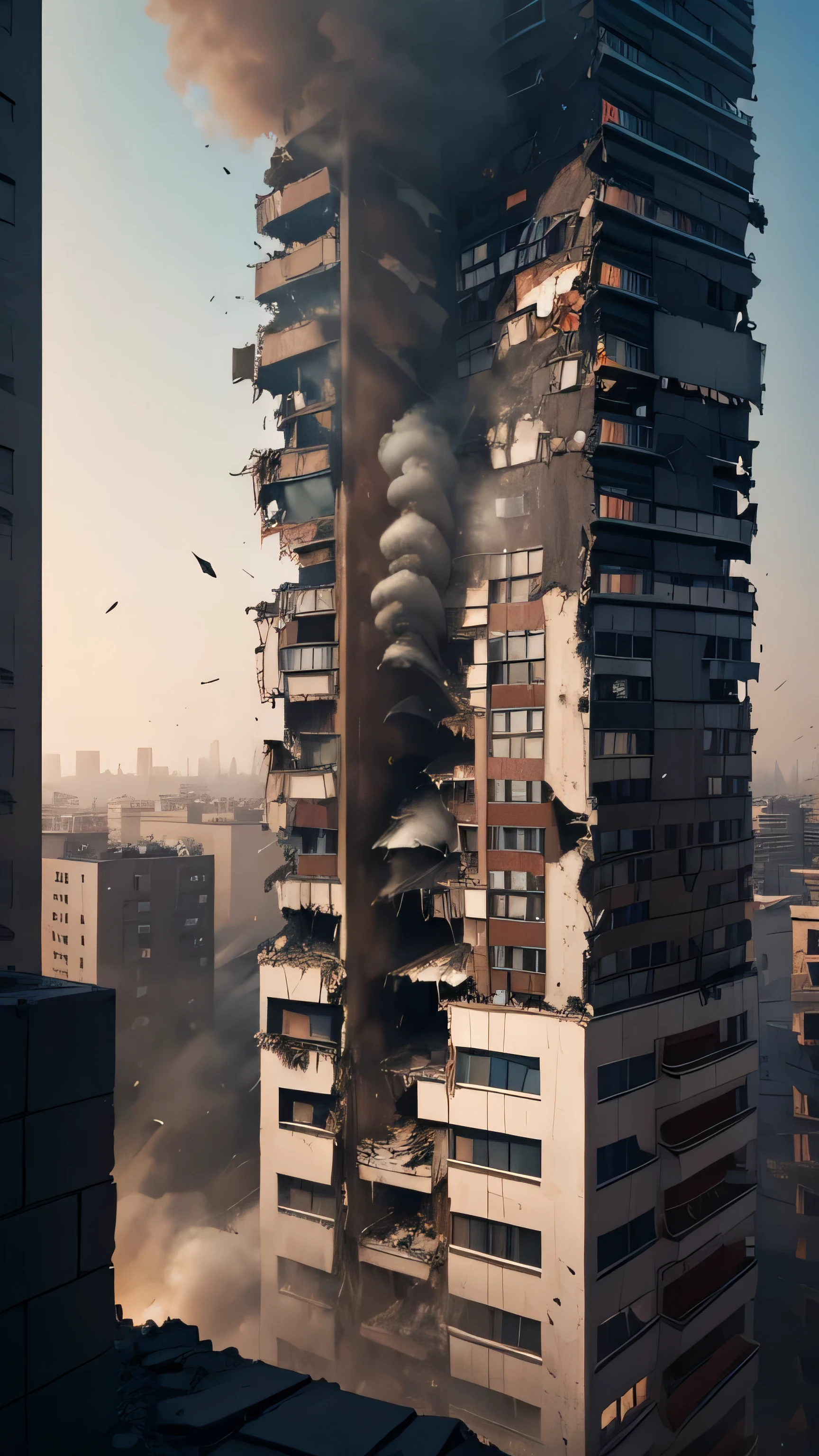 multi-storey apartment collapsed, destroyed, collapsed, broken, smoke, fell , 8k