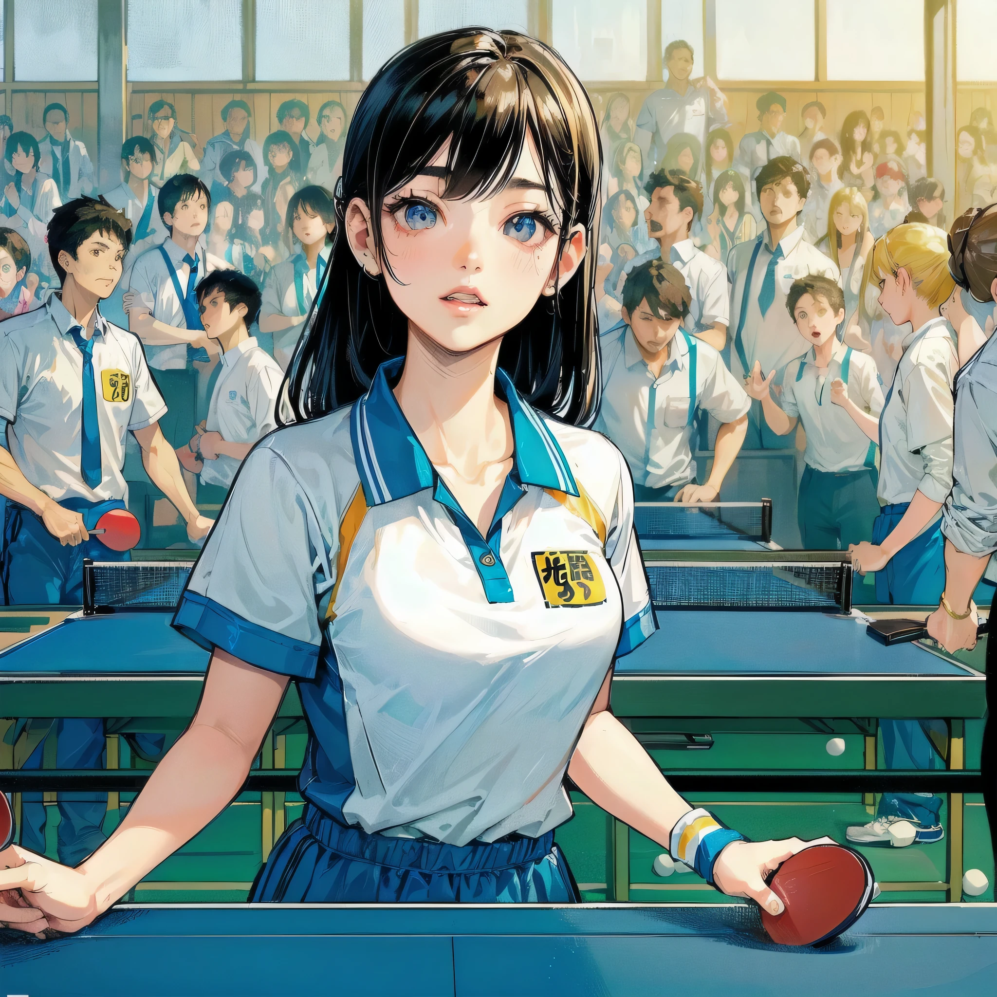 high quality,HD,16k,sharp lines,1 girl,Female pingpong athlete ,cute face, large breasts, nice legs,At the pingpong venue,focus girl,detailed beautiful face,detailed clothes,beautiful eyes,cool,dynamic angle