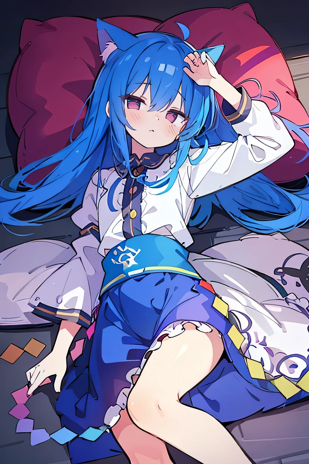 (Masterpiece), best quality, expressive eyes, perfect face, 1girl,
 Put one hand on the head, fair skin, gorgeous, Japanese comics, girl, Lola, young angel, blue hair, blue hair, flowing clothes,, lay down, lying on the ground, legs on the ground, flat chest, cat ears,