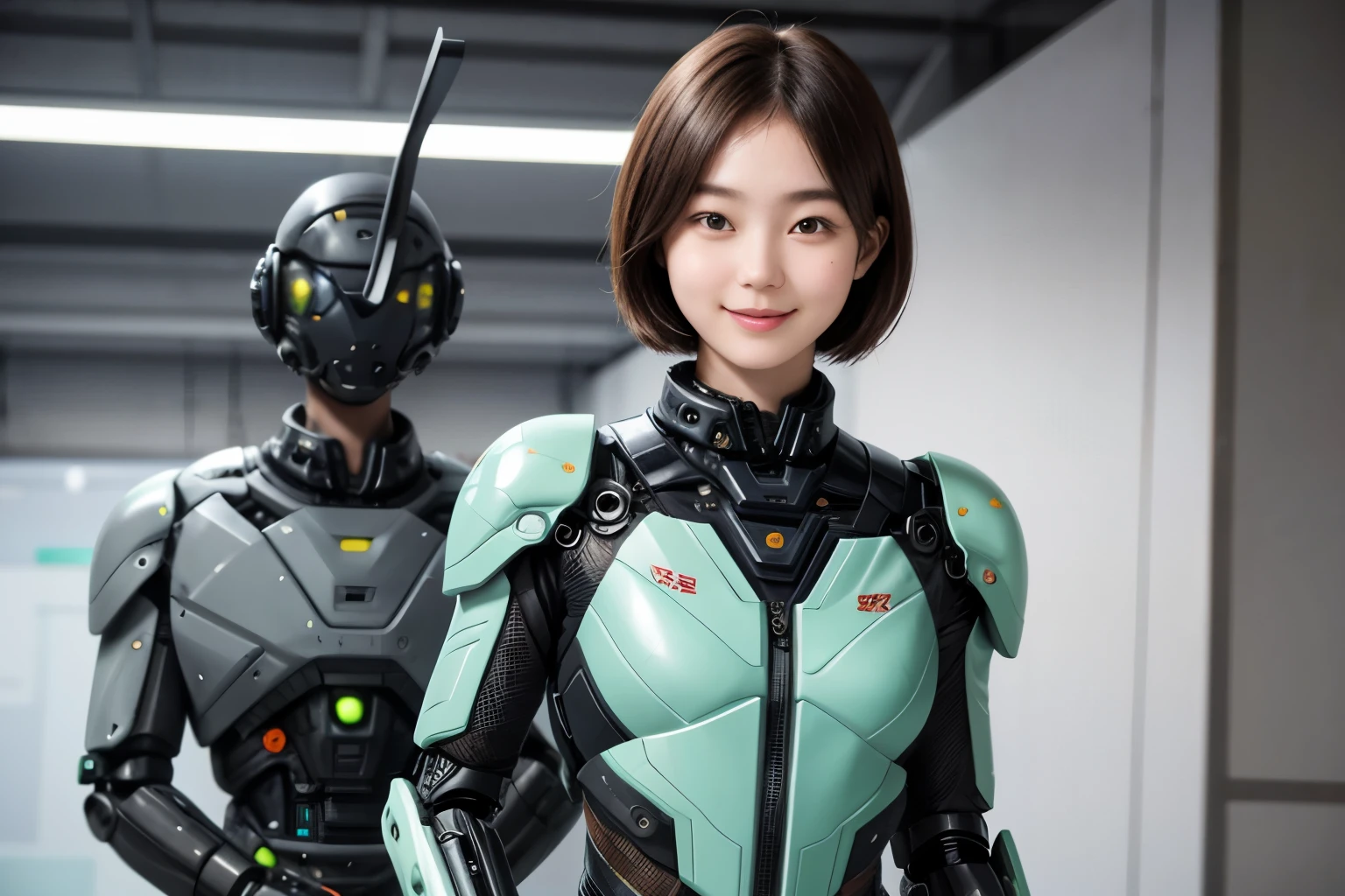 207 Short Hair, 20 year old woman, Floral, gentle smile, futuristic clothes, mechanical suit