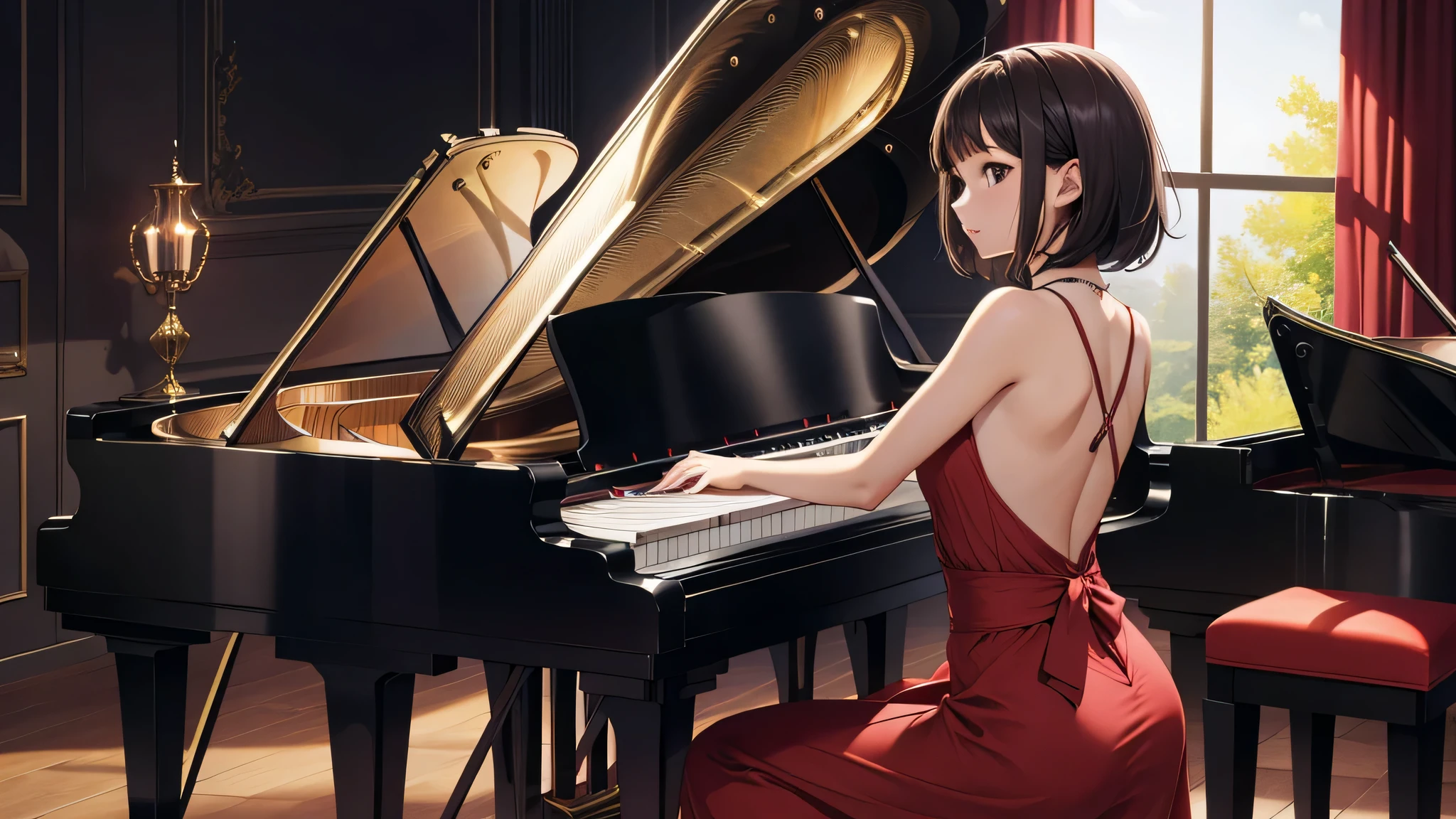 (masterpiece, highest quality, High resolution, Super detailed, highest quality), detailed body, detailed face,
BREAK 1 Female, tight waist, brown short hair, Kurome BREAK jazz pianist, maxi dress, Grand piano, (piano performance:1.put the piano:1.3), dark lighting, dark stage, From before, look away