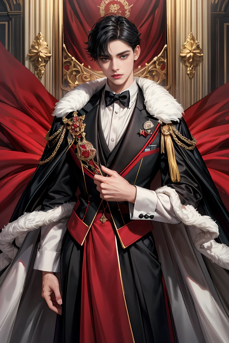 
masterpiece, 最high quality, high quality, 1 boy, alone, male focus, looking at the viewer, whole body, Winning spirit_destiny, Messy black hair, blue adorable big eyes, white people, Noble, Noble, Noble的な吸血鬼、An elegant tuxedo,A very large, very tall stand-up collar, a very large, very long, long cape that reaches down to the floor, made of a lot of fabric, red and black., 17 years old,cute beautiful boy,cute cute handsome boy