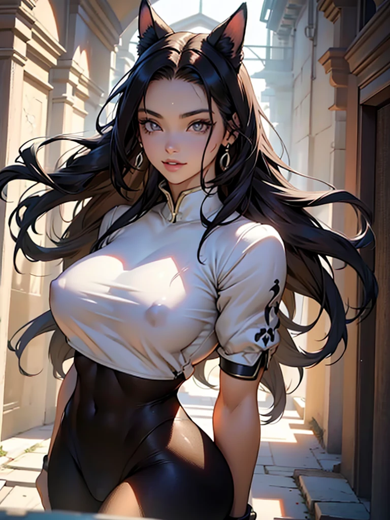 beautiful young female warrior fighter with cat ears on her head, com rosto bem detalhado e bonito, belos olhos, belos olhos, rosto lindo, beautiful young woman wearing long brown leggings with black details, sueter apertado branco, standing in a castle, usando bota preta, cabelo comprido com franja preto, ,orelhas de gato, belo sorriso, tomboy, um pouco musculosa,suter branco com cinta em volta, olhar serio,usando jaqueta de couro apertado preto, com ombreiras de prata nos ombros