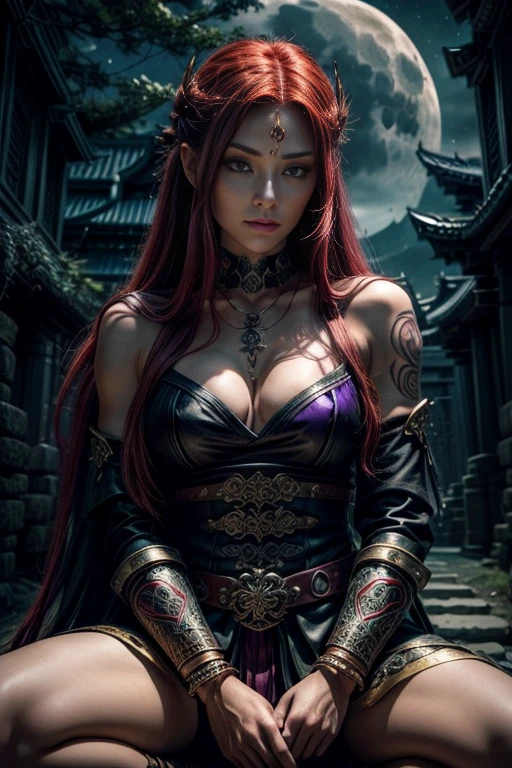 an arcane warrior girl sitting above a temple, long red hair laid down on her back, Emarald green eyes, tattoos at arms glowing softly, bracelets, necklace, traditional outfit with sleek, black leather armor with glowing runes and vibrant purple, ancient temple, moon, enchanted forest, arcane runes, mystery, danger, fantasy, adventure, masterpiece, detailed