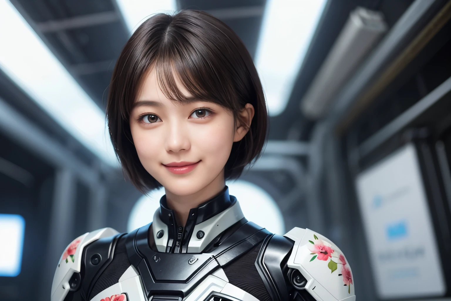 207 Short Hair, 20 year old woman, Floral, gentle smile, futuristic clothes, mechanical suit