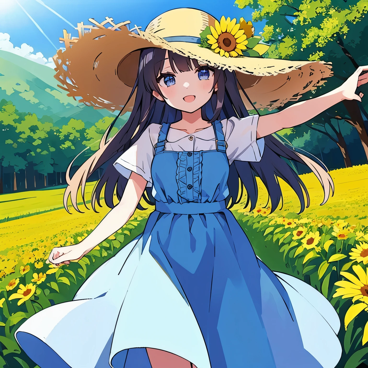 high quality、masterpiece、a girl、front、Motivated、sunshine、In the fields、Wildflower Straw Hat、C-grade chest、Open your arms for a hug、Farmer dress-up、Exposed breasts