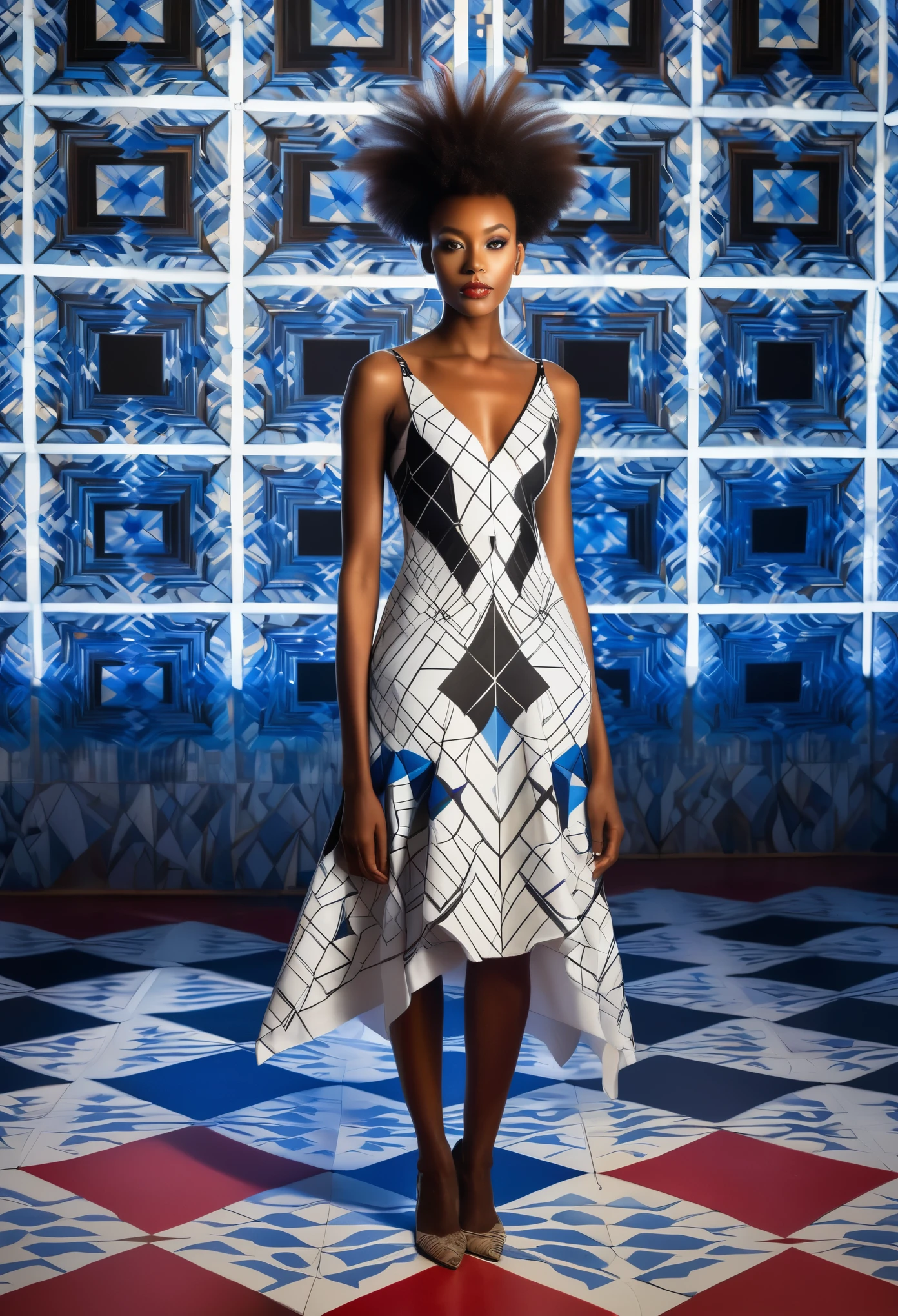 Aerial view shot of dark skinned black woman wearing a crested crane designed dress, she's standing in an empty place with the floor and background designed by red, blue and white cubism art squares, a beautiful vibrant light shining providing an artistic and creative imagery.