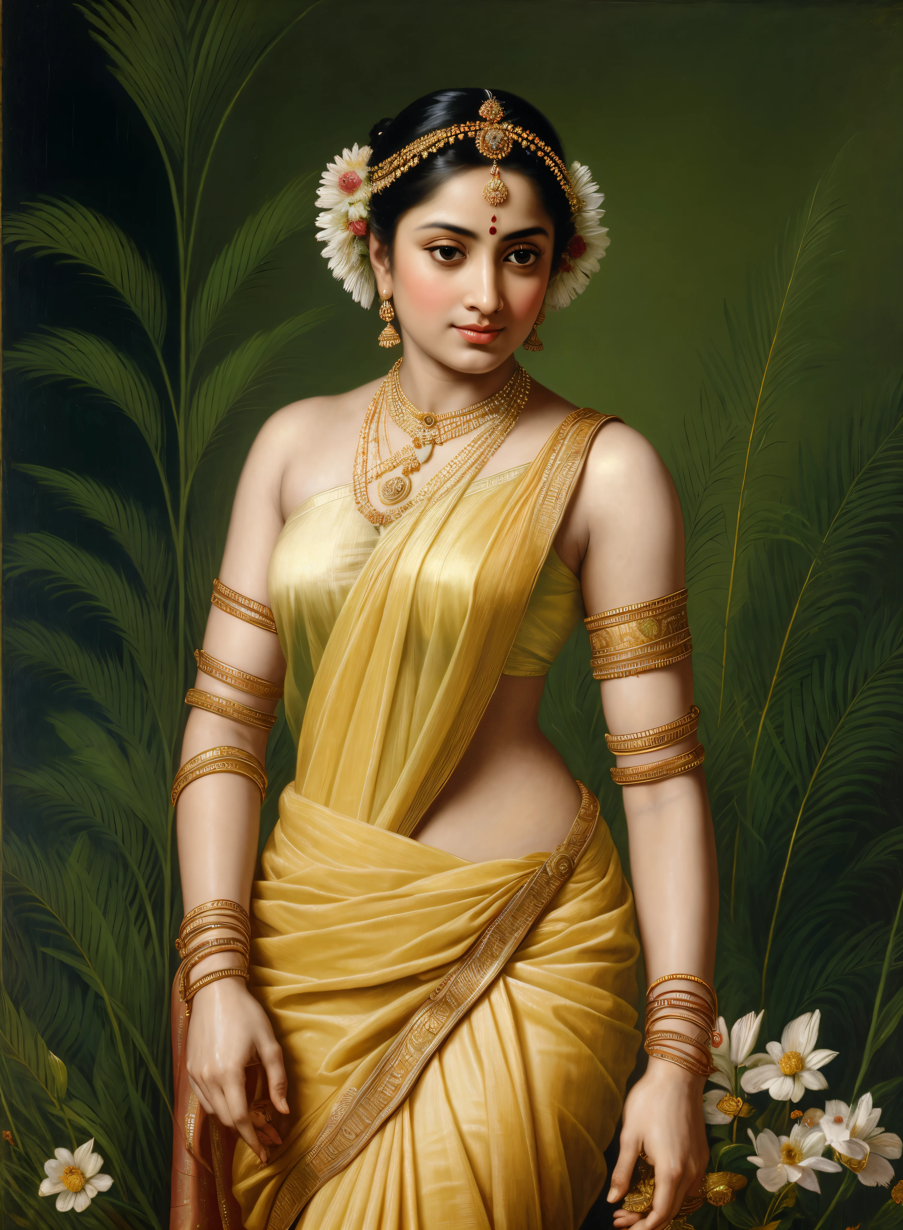 Beautiful Indian Woman, wearing saree, sari Beauty, gorgeous, Apsara, Maharani, royal queen woman, nymph from Hindu Mythology, Urvashi, matchless beauty, Highly detailed, Oil Painting by Peter Paul Rubens inspired by Raja Ravi Varma, Matchless beauty, captivating, gorgeous, heavenly beauty, celestial beauty, by Peter Paul Rubens, 13, realistic, hyper realistic, micro details, incredible artwork, insane details, ultra High resolution, 8k, 32k, acrylic on canvas, intricate, flawless, detailed, detailed face, detailed eyes, masterpiece, by Peter Paul Rubens, by Caravaggio, by William Adolphe bouguereau, perfect face, perfect body, beautiful art, realism, baroque, renaissance Art, highly textured, beautiful and detailed eyes, uhd, best quality,