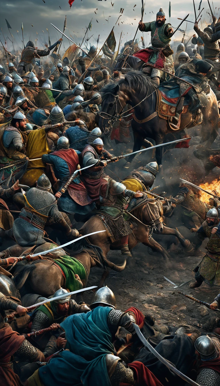 Tension and determination fill the air as both sides clash in a chaotic melee, with shouts and battle cries echoing across the battlefield. The Mamluks fight fiercely to defend their homeland, while the Mongols, known for their brutality, are determined to conquer, background dark, hyper realistic, ultra detailed hyper realistic, photorealistic, Studio Lighting, reflections, dynamic pose, Cinematic, Color Grading, Photography, Shot on 50mm lens, Ultra-Wide Angle, Depth of Field, hyper-detailed, beautifully color, 8k, (best quality,4k,highres,masterpiece:1.2),ultra-detailed,(realistic,photorealistic:1.37)