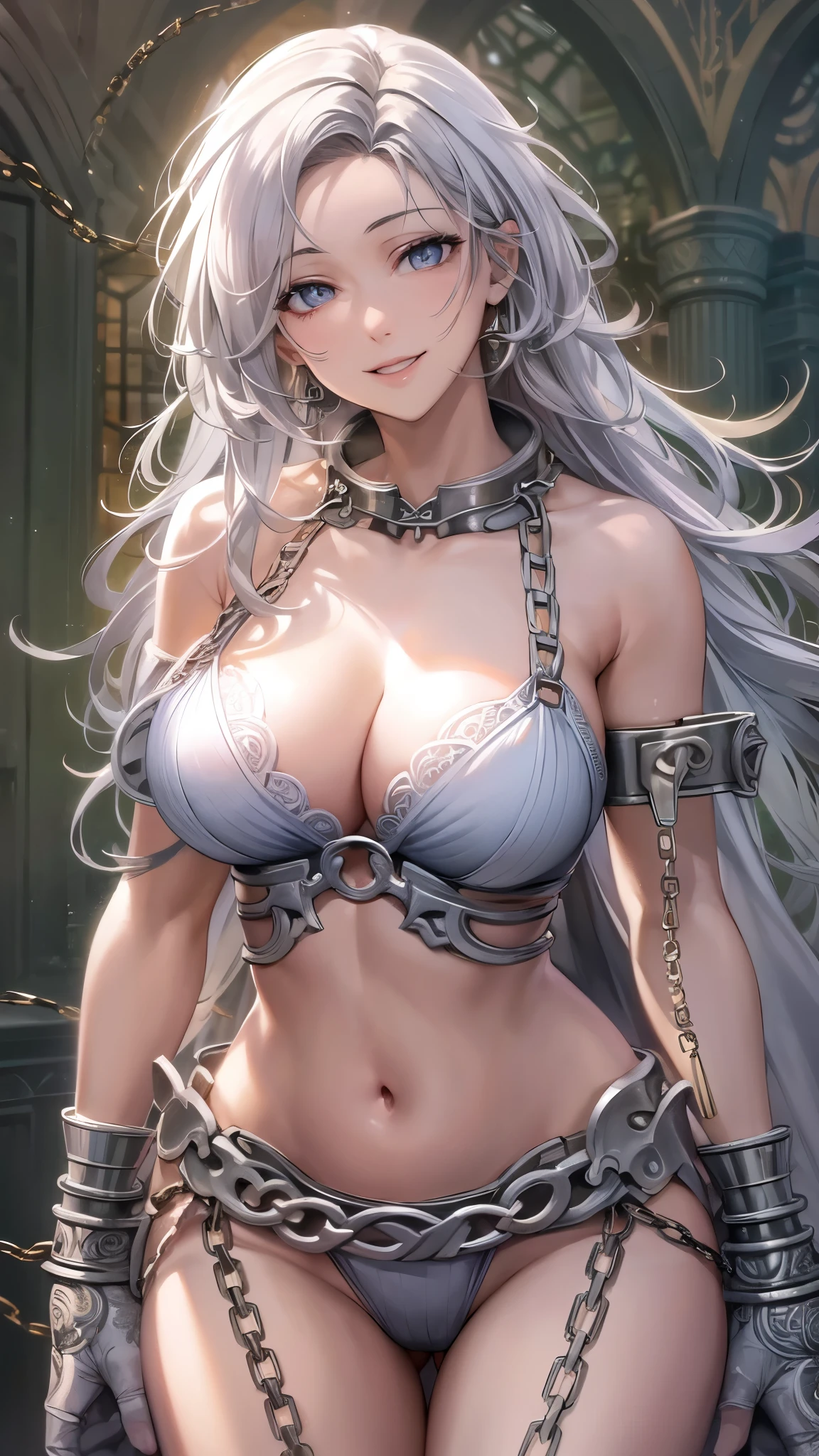 ((highest quality)),(ultra high resolution),(Super detailed),(detailed description),((best CG)),(best work of art),super precision art,amazing drawing art,(Fantasy art with intricate detail:1.5), (Female angels:1.4)(beautiful and well-shaped face:1.4),(big breasts:1.9),(Chains that bind the body:1.6)(shackles, shackles:1.6),(smile:1.6),Calm,soft,Fluffy, Slow movement,Spring breeze:1.6,Warm sunshine