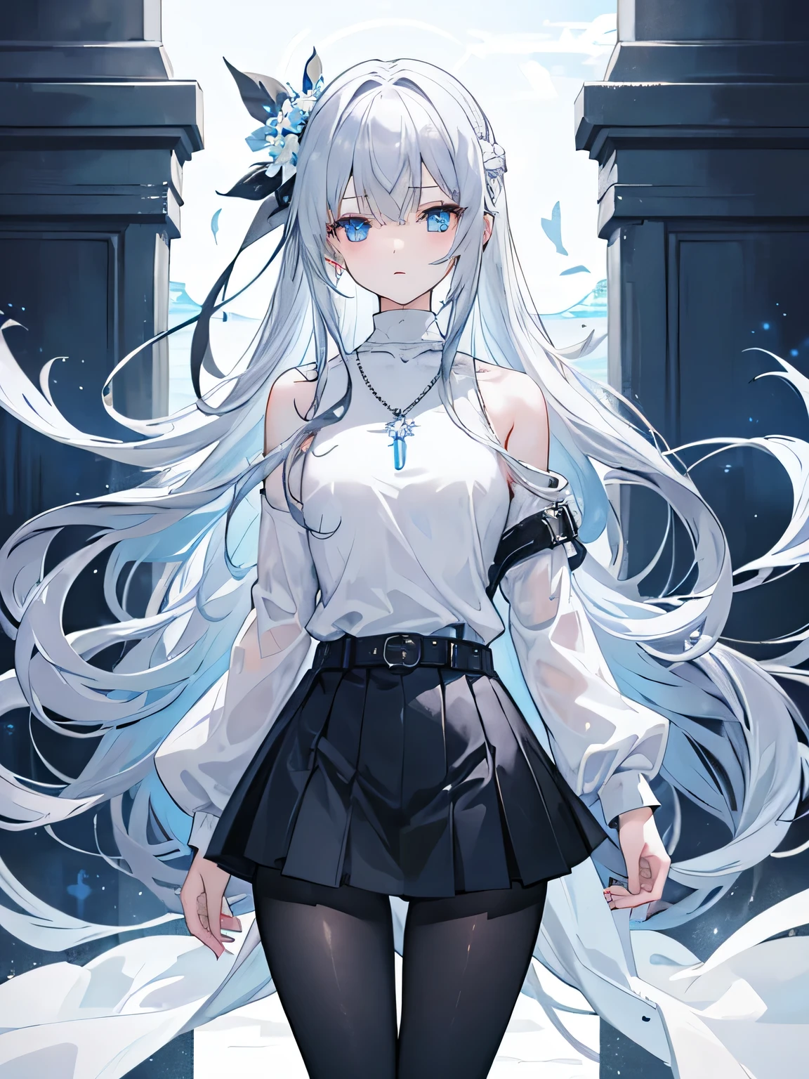 Gray blue long hair,grey-blue eyes,white flower hair accessories,expressionless,girl with good figure,White open chest turtleneck shirt,Flower necklace,Shirt with holes on both sides,black skirt,belt,Black thin,leggings,Long hair flowing away,Standing on a tall tower,Behind is the sea