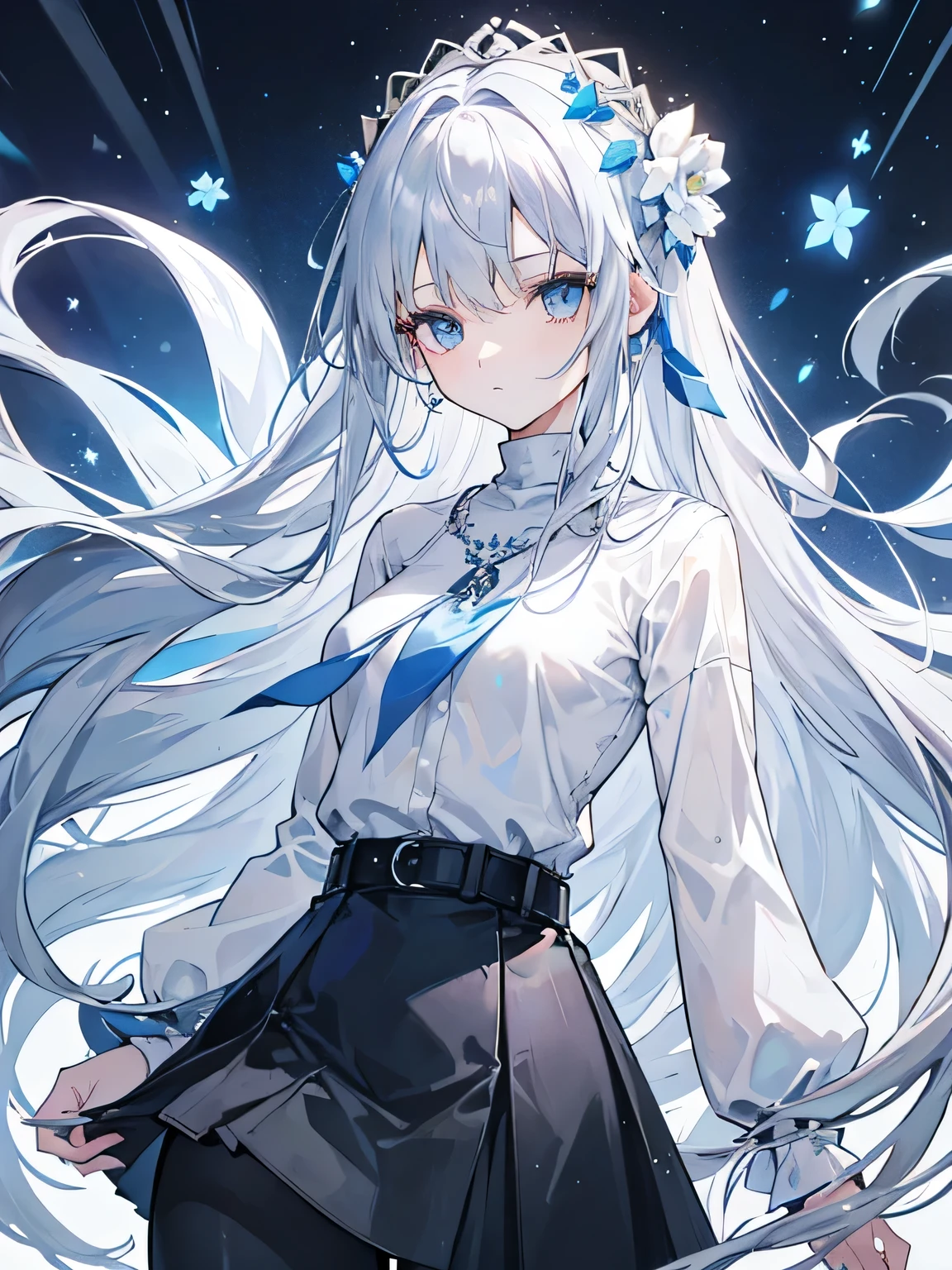 Gray blue long hair,grey-blue eyes,white flower hair accessories,expressionless,girl with good figure,White open chest turtleneck shirt,Flower necklace,Shirt with holes on both sides,black skirt,belt,Black thin,leggings,Long hair flowing away,Standing on a tall tower,Behind is the sea
