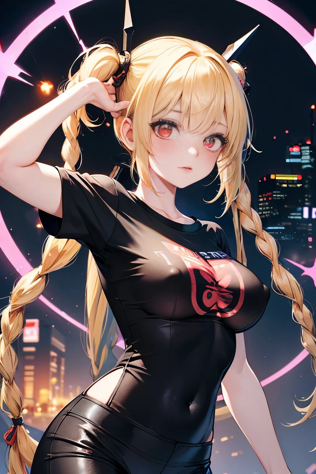 Optimal,masterpiece,High resolution,highest quality,hyper hd,Super detailed,award-winning,16k,alone,(Upper body),correct anatomy,beautiful cyberpunk girl,cowboy shot、cute face,,blonde、long hair、twin tails、Braid, hair line,((scarlet eyes)),long eyelashes,drooping corners of the eyes,white skin,((Photographed from the front)), ((T-shirt:1.5)), clock top、((transparent nipples))、rocket , ((big breasts)),(because I'thin),