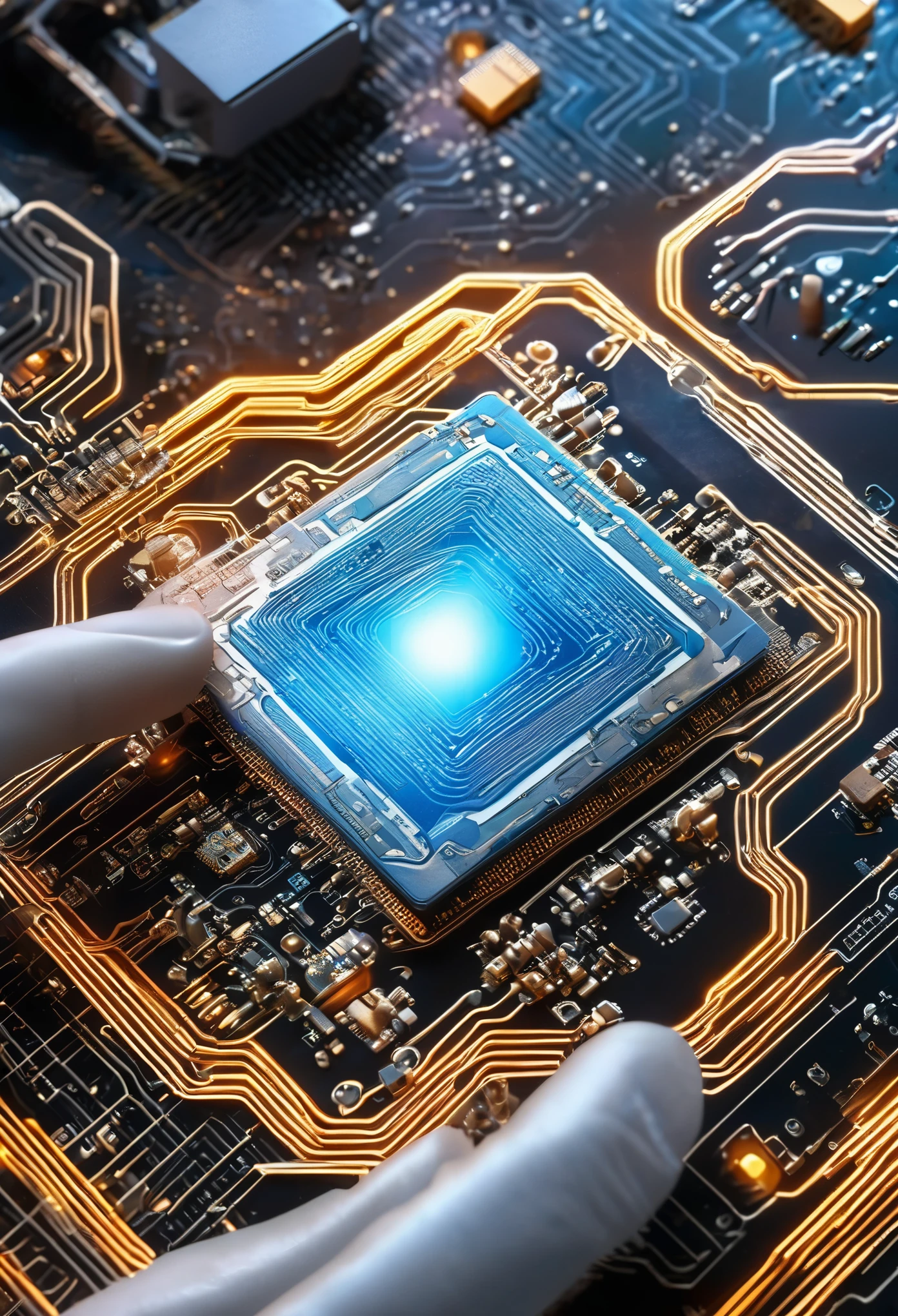 Chip contact with hand，Textured，atmosphere，science and technology