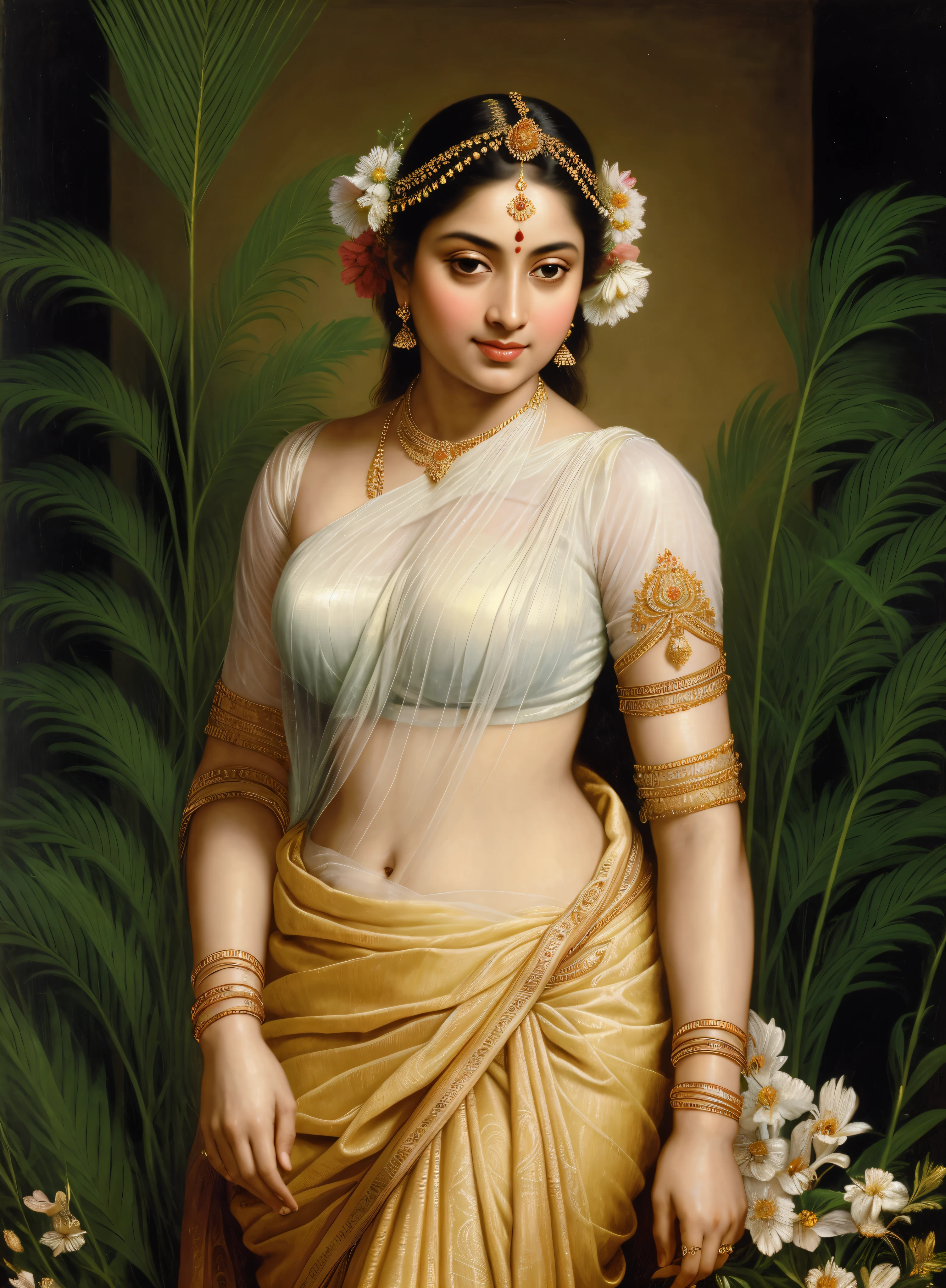 Beautiful Indian Woman, wearing saree, sari Beauty, gorgeous, Apsara, Maharani, royal queen woman, nymph from Hindu Mythology, Urvashi, matchless beauty, Highly detailed, Oil Painting by Peter Paul Rubens inspired by Raja Ravi Varma, Matchless beauty, captivating, gorgeous, heavenly beauty, celestial beauty, by Peter Paul Rubens, 13, realistic, hyper realistic, micro details, incredible artwork, insane details, ultra High resolution, 8k, 32k, acrylic on canvas, intricate, flawless, detailed, detailed face, detailed eyes, masterpiece, by Peter Paul Rubens, by Caravaggio, by William Adolphe bouguereau, perfect face, perfect body, beautiful art, realism, baroque, renaissance Art, highly textured, beautiful and detailed eyes, uhd, best quality,
