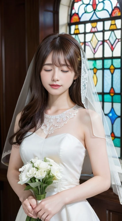 (highest quality,masterpiece:1.3,ultra high resolution,),(Super detailed,caustics),(Photoreal:1.4,RAW shooting,)ultra-realistic capture,very detailed,High resolution 16K human skin close-up。 natural skin texture、,The pores are、、、Must be detailed enough to be easily identified。 Skin should look even-toned and healthy。 Use natural light and color,1 girl,Japanese,cute,22 years ago,cry or laugh,Natural brown hair,half up,medium sized breasts,wedding veil,pure white wedding dress,holding a bouquet,stand upright,look at the camera,chapel,(Stained glass),Overflowing with light,(Front view),Front view,cowboy shot,natural soft light、((close your eyes:1.4))、kiss of oath、high angle