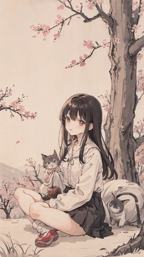 (1:1)Kitten next to a girl、field、sit、Cat toy in front of me、the sky is clear、The wind is blowing,Cherry blossom trees