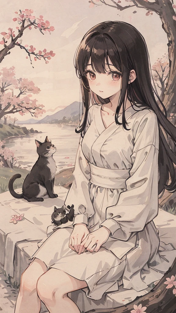(1:1)Kitten next to a girl、field、sit、Cat toy in front of me、the sky is clear、The wind is blowing,Cherry blossom trees