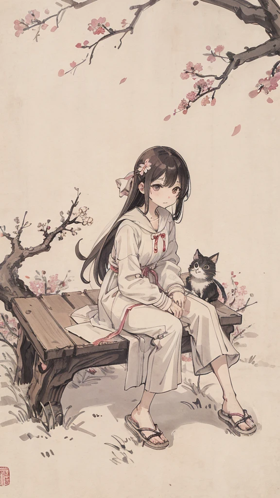 (1:1)Kitten next to a girl、field、sit、Cat toy in front of me、the sky is clear、The wind is blowing,Cherry blossom trees