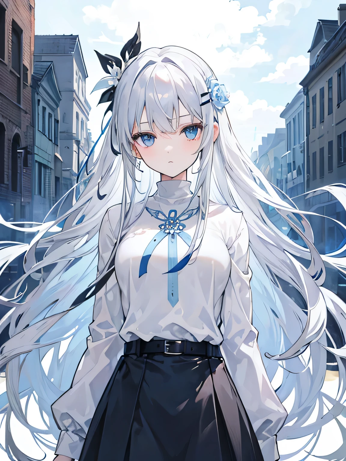 Gray blue long hair,grey-blue eyes,white flower hair accessories,expressionless,girl with good figure,White open chest turtleneck shirt,Flower necklace,Shirt with holes on both sides,black skirt,belt,Black thin,leggings,Long hair flowing away,Standing on a tall tower,Behind is the sea