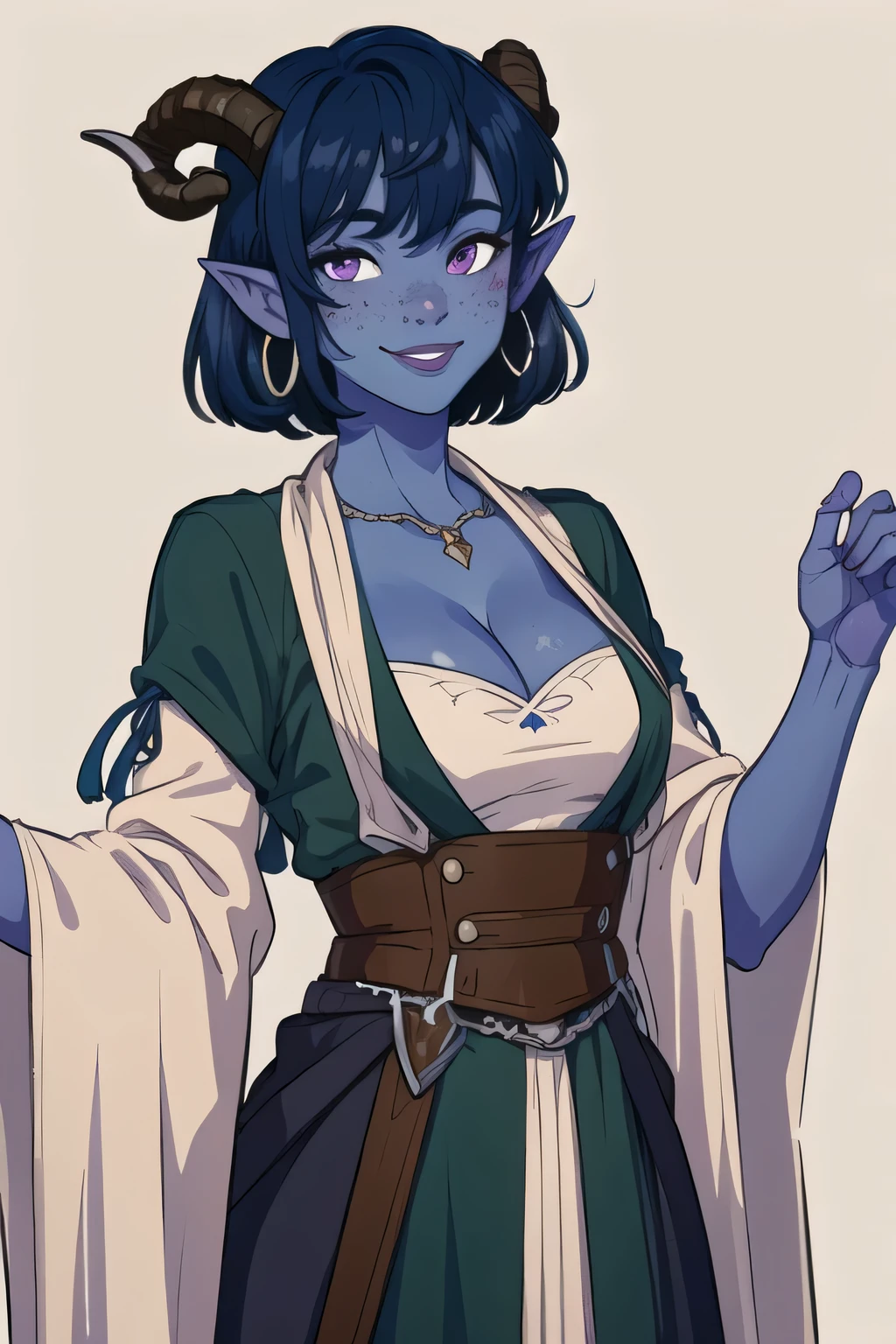 masterpiece, best quality, 1girl, jesterlavorre, blue hair, purple eyes, blue skin, freckles, colored skin, horns, pointy ears,short hair, tiefling, smile, looking at viewer, solo , cleavage