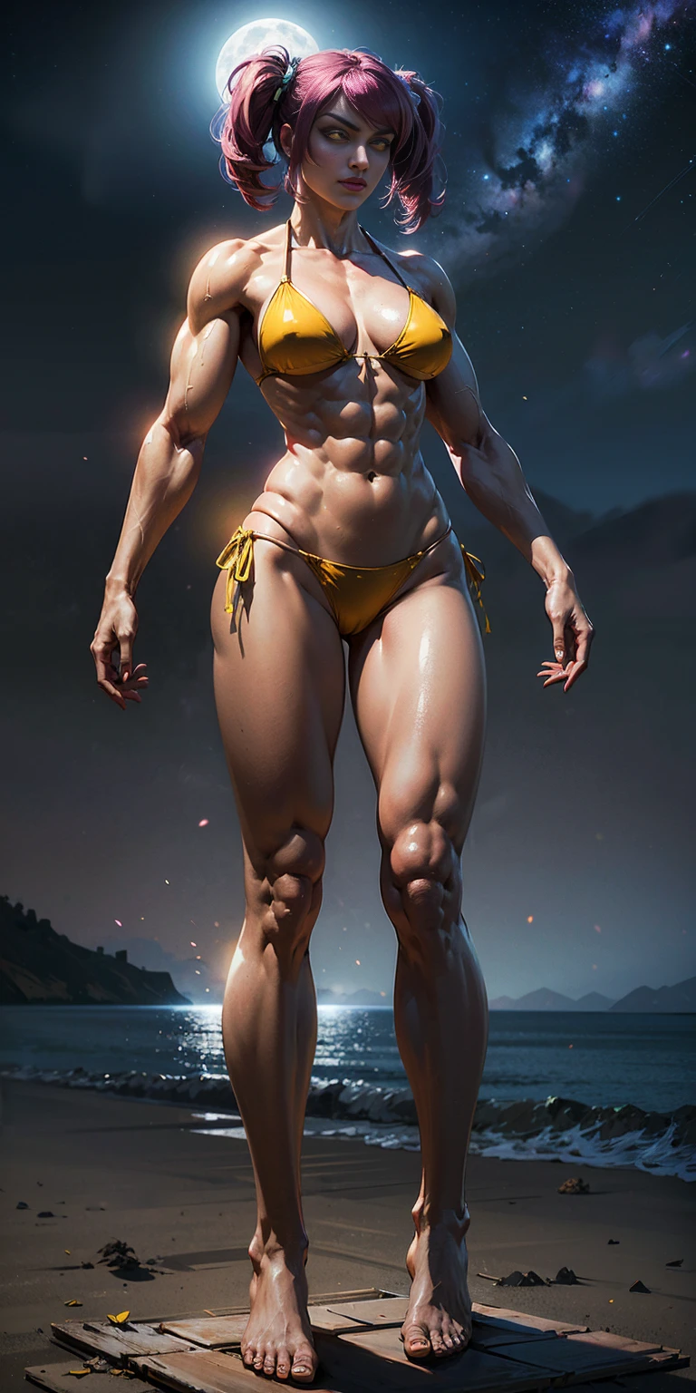 1 girl, (medium breasts))), (((wearing short bikini))), (magenta hair), (((bright yellow eyes))), slim arms, (on the beach at night with starry sky and full moon blood), (slim waist), (((muscular legs))), muscular belly, bare feet, (((showing big ass and looking down))), (full body photo), standing, (twintails ), long eyes, eye flare, bad mood, anime, anime style, ray tracing, glare, drop shadow, panorama, Sony FE, 8k, UDisk, masterpiece, accurate, anatomically correct, Super Detail, best quality, ultra high resolution, UDisk hard, 16k, camera on the floor