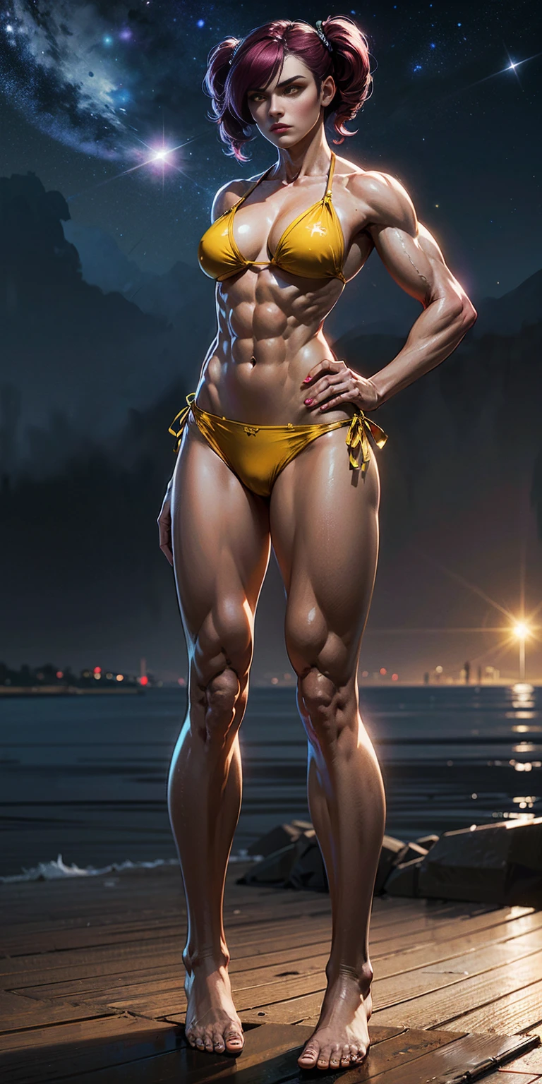 1 girl, (medium breasts))), (((wearing short bikini))), (magenta hair), (((bright yellow eyes))), slim arms, (on the beach at night with starry sky and full moon blood), (slim waist), (((muscular legs))), muscular belly, bare feet, (((showing big ass and looking down))), (full body photo), standing, (twintails ), long eyes, eye flare, bad mood, anime, anime style, ray tracing, glare, drop shadow, panorama, Sony FE, 8k, UDisk, masterpiece, accurate, anatomically correct, Super Detail, best quality, ultra high resolution, UDisk hard, 16k, camera on the floor