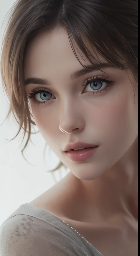 8k uhd、RAWphotograph、モデルphotograph撮影、Russian Race, European race, (masterpiece, highest quality, photorealistic, High resolution, photograph: 1.3), Close-up, Focusing, hot models, slim, 30 year old mature woman、small face、short cut hair、dark brown hair、Detailed beautiful eyes、realな肌, (perfect body), Sexy hot face, erotic, sexual gaze, slim, Sweat top, Detailed beautiful eyes、glossy lips、small breasts、、bust B cup、((bright light、dynamic lighting、real、超real、 realism、realistic details、Cool Beauty、cool pose、background gray、Plain gray background