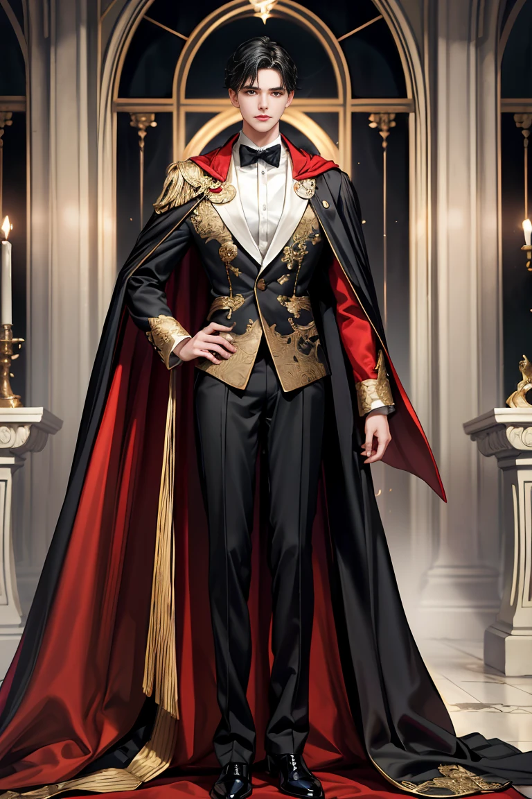 masterpiece, 最high quality, high quality, 1 boy, alone, male focus, looking at the viewer, whole body, Winning spirit_destiny, Messy black hair, blue adorable big eyes, white people, Noble, Noble, Noble的な吸血鬼、An elegant tuxedo,A very large, very tall stand-up collar, a very large, very long, long cape that reaches down to the floor, made of a lot of fabric, red and black., ,cute beautiful boy,cute cute handsome boy