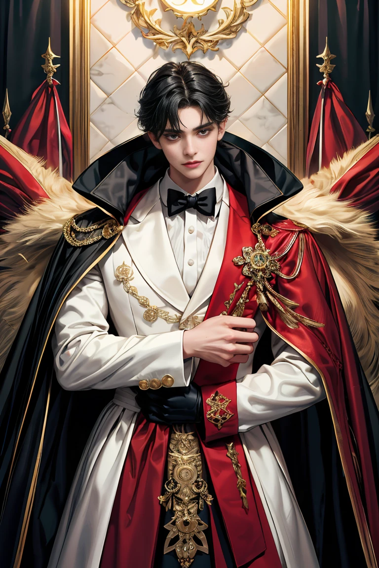 
masterpiece, 最high quality, high quality, 1 boy, alone, male focus, looking at the viewer, whole body, Winning spirit_destiny, Messy black hair, blue adorable big eyes, white people, Noble, Noble, Noble的な吸血鬼、An elegant tuxedo,A very large, very tall stand-up collar, a very large, very long, long cape that reaches down to the floor, made of a lot of fabric, red and black., 17 years old,cute beautiful boy,cute cute handsome boy