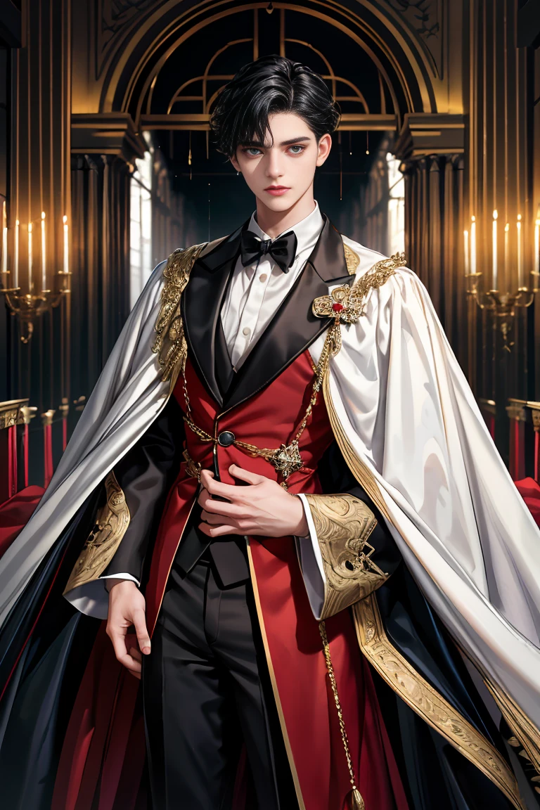 masterpiece, 最high quality, high quality, 1 boy, alone, male focus, looking at the viewer, whole body, Winning spirit_destiny, Messy black hair, blue adorable big eyes, white people, Noble, Noble, Noble的な吸血鬼、An elegant tuxedo,A very large, very tall stand-up collar, a very large, very long, long cape that reaches down to the floor, made of a lot of fabric, red and black., 17 years old,cute beautiful boy,cute cute handsome boy