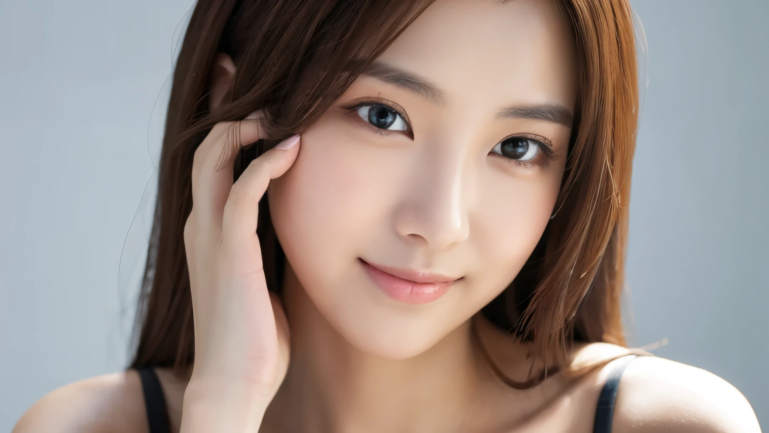 Young japanese lady, 30s, White background, It features a simple background, white-brown hair, slender, 4K, in 8K, High quality, Beauty, Beautiful eyes, It features a simple, High resolution,1 person,Beautiful skins,Beautiful skin,a smile,Relaxing,Operating a smartphone