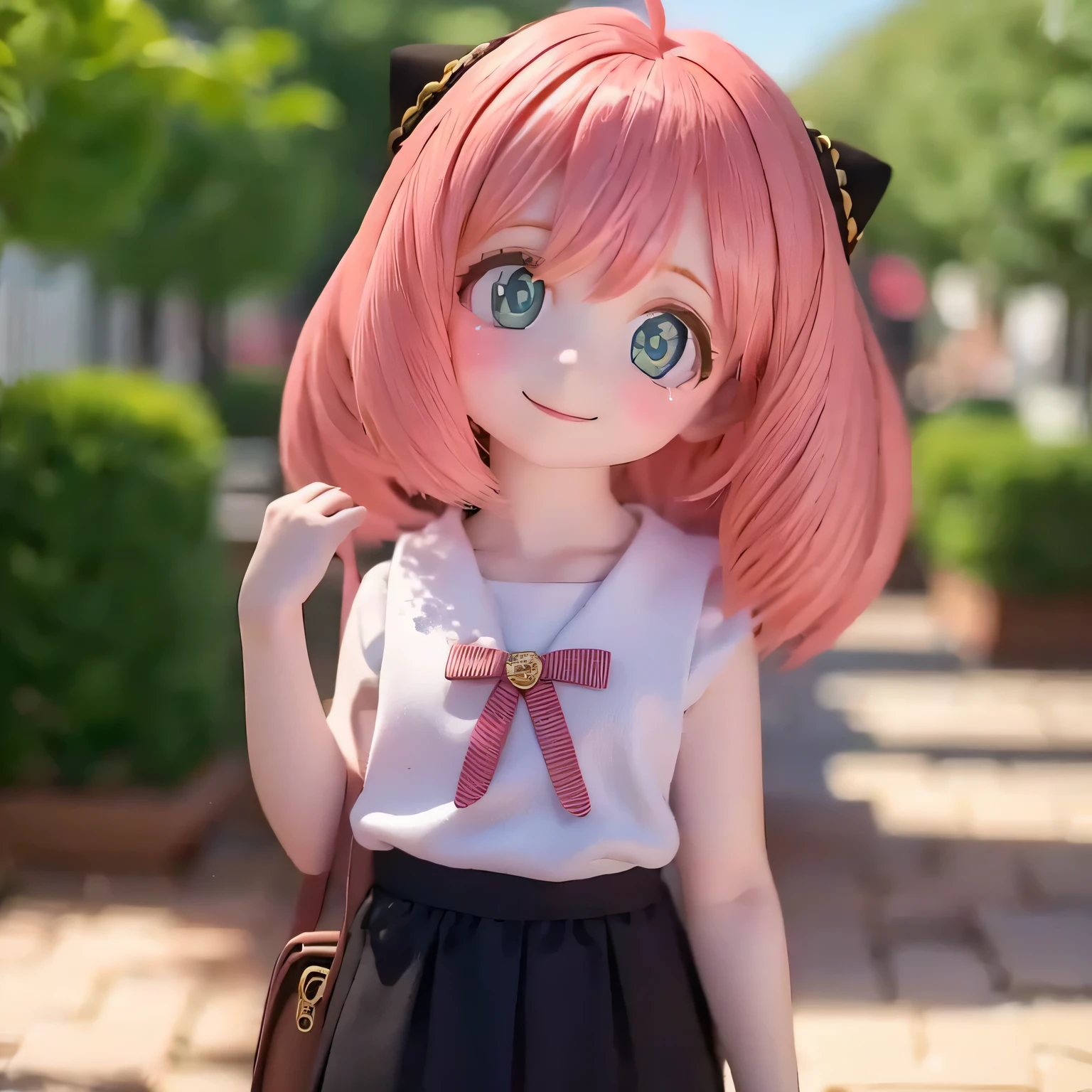 (best quality,4k,highres,masterpiece:1.2),ultra-detailed,realistic,beautiful detailed eyes,beautiful detailed lips,longeyelashes,pink hair,short hair,smiling,5--old l,wearing a pleated skirt (chibi skirt),cute expression,cheerful,playful,girly,bokeh,soft lighting,portrait