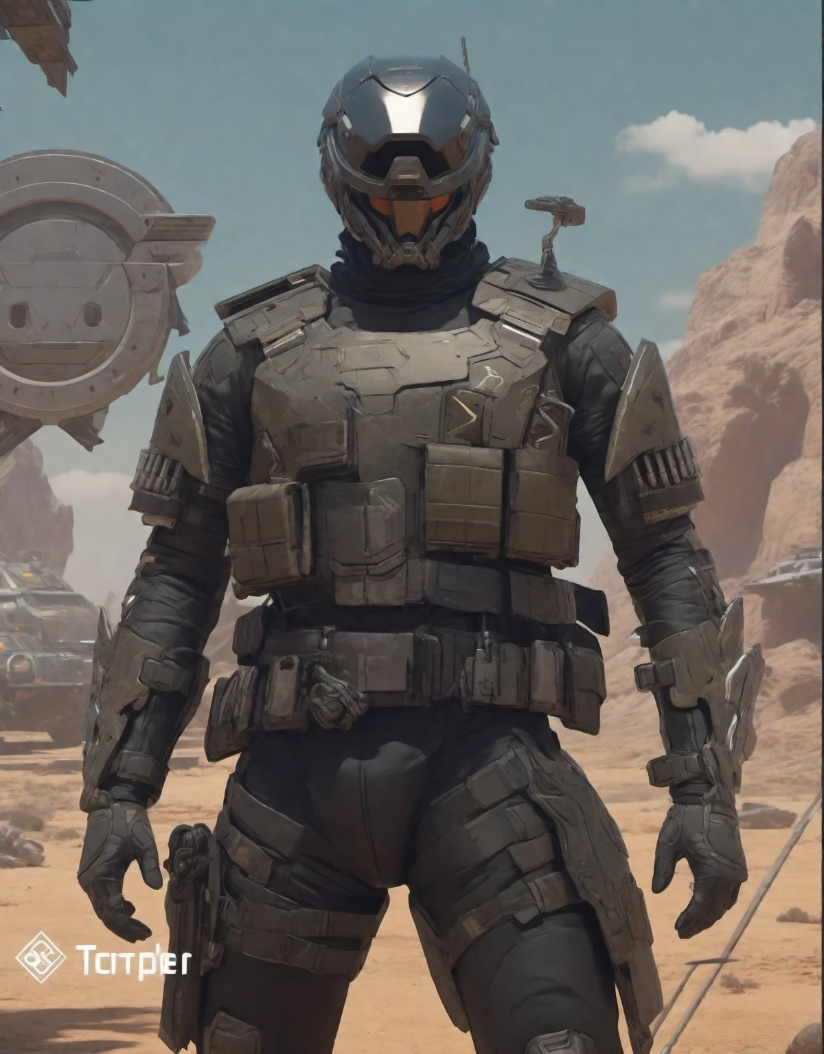 a man in a helmet dressed in tactical armor, With a black cape, three throwing knives holstered on his arm, Pistol holstered on his leg(Best quality, 4k, Masterpiece :1.3), Cyberpunk, Background, Sci-fi landscape