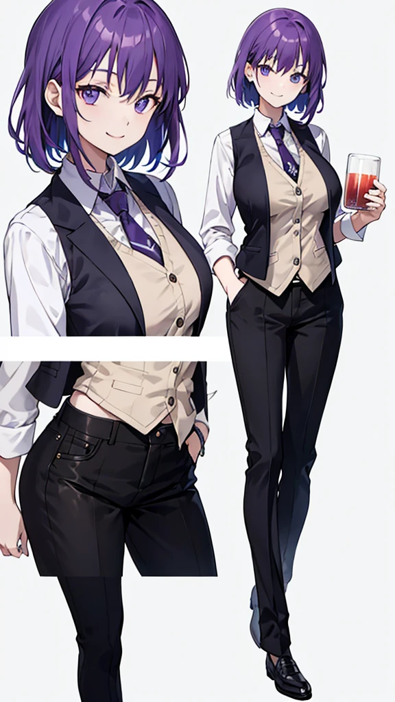 Purple haired woman,bartender,vest,shirt,tie,slightly larger breasts,pants,all,simple background,smile,whole body,full body,full body,Standing picture,vtuber,front,from front,viewer'point of view,視線をfrontに,