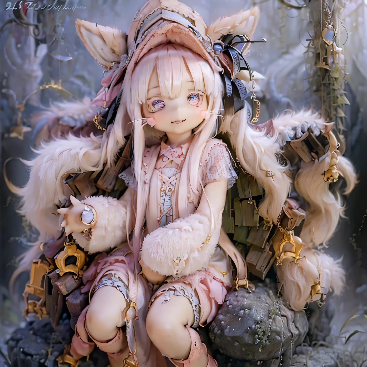 in the garden, smiling girl, Similar to Nanachi from Made in Abyss. she is beautiful, fine eyes and lips. The girl is (((chibi style,))) . Image quality is top quality, With highly detailed and realistic features. The artwork medium is a combination of illustration and photorealistic rendering.. The colors are vivid、The lighting creates a warm and cheerful atmosphere。Casual full body(((((Cute pink dress)))))contrasting