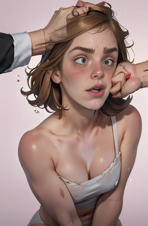 ((Emma Watson)), High school, brown short hair, big breasts, thick thighs, white panties, pulling panties up, skinny, (((she is brutally slapped in the face by a big hand:1.2))), (((hit in cheek))), (((woman body view:1.2))), ((panty))), (((women beaten by hand))), (((cheek deformed by the violent impact:1.2)))