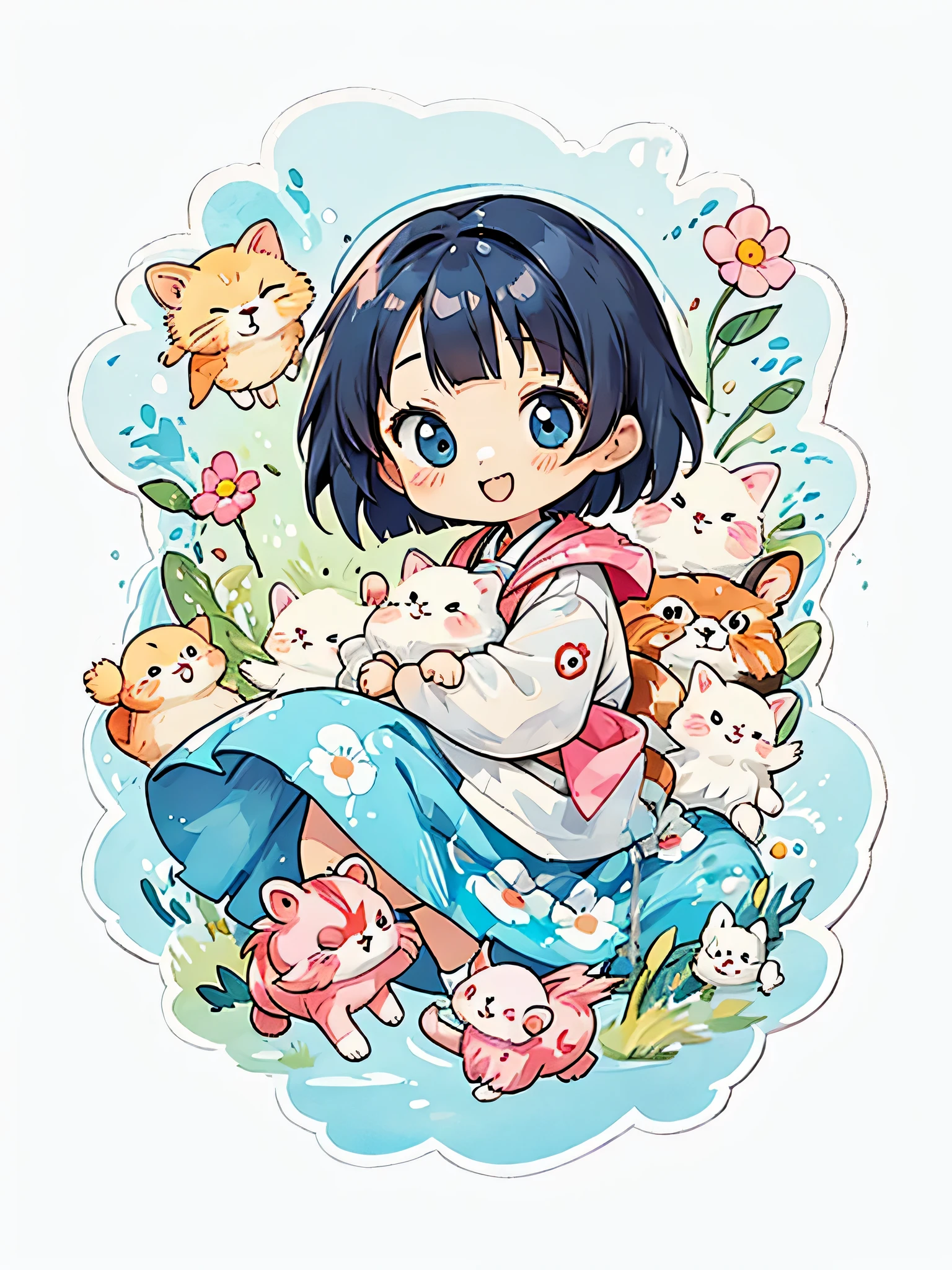 Takashi Murakami style、 Kawaii Design, most beautiful girl ever、Chibi, bob hair、cute animals、best smile