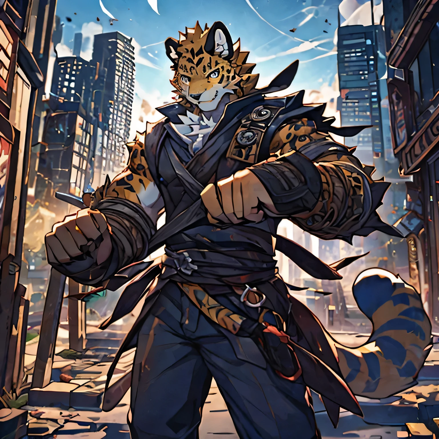 ghost，Cool colors，4k, actual, high detail, super detailed, Leopard，juvenile，Golden fur，Strong body，look at screen，Prepare for a fight，City ruins in the background，individual。