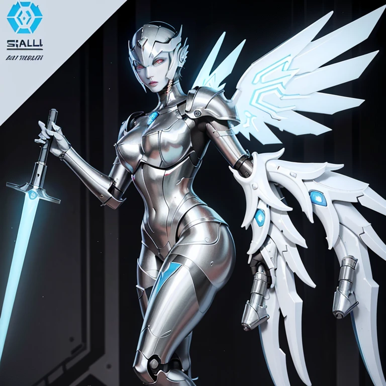 mechanical girl, Shiny metallic white skin,White metal and mechanical body parts, A metal cross-helm cyber helmet with mechanical wings on the ears.,The face is completely covered by a shiny light blue visor., Large protruding chest armor，slim body, Large, white, angel-like mechanical wings grow from his shoulder blades., [methodical, surgical precision],Cyberpunk style background,science fiction art style,bright colors,High resolution,Super detailed,realistic lighting effects,Bokeh, He is holding a 2m long, glowing light blue spear in his hand., In combat,