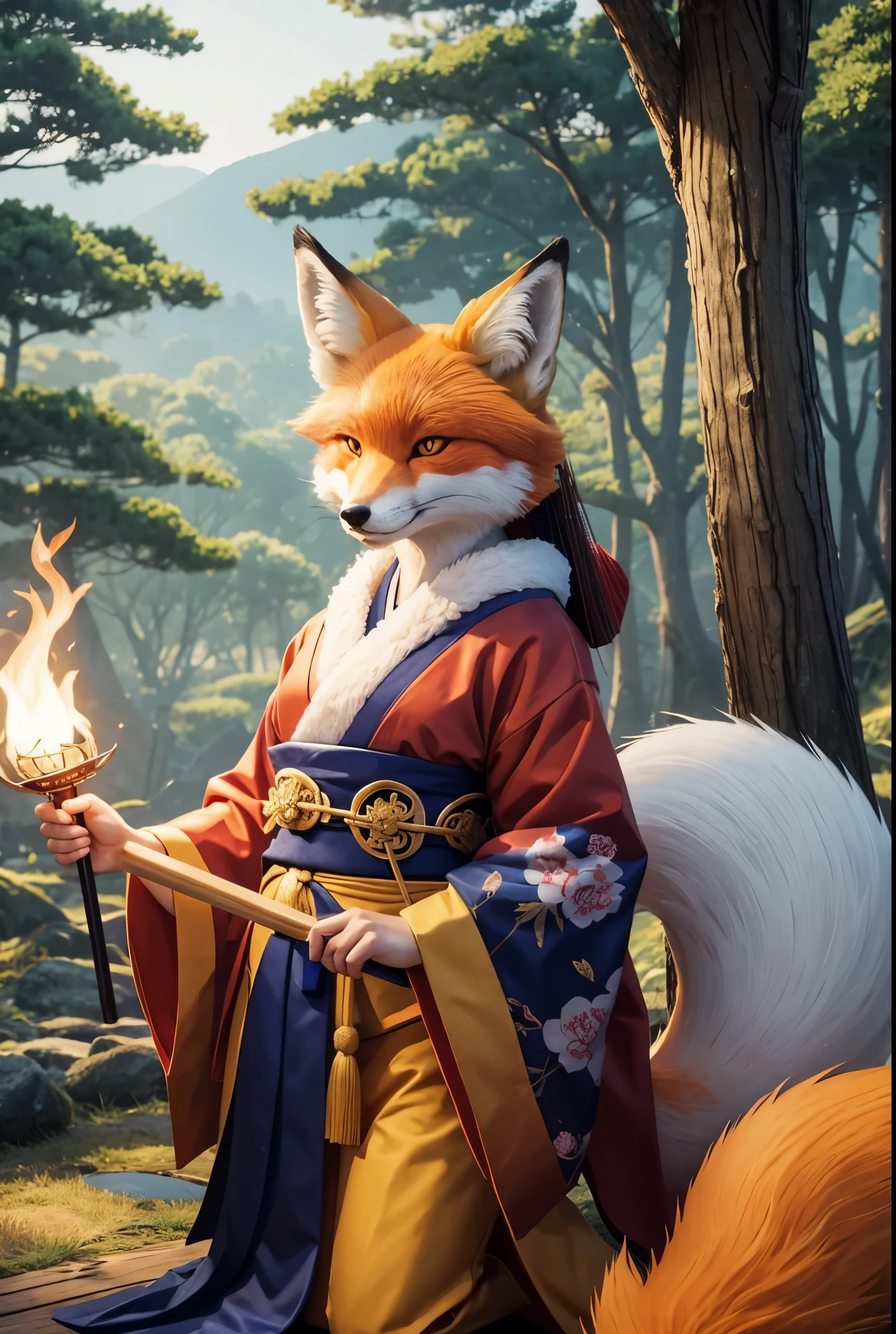 a cartoon fox in a kimono outfit sitting in the woods, a beautiful fox lady, kitsune, fox nobushi, japanese art style, kitsune three - tailed fox, fox nobushi holding a naginata, kitsune holding torch, a beautiful kitsune woman, foxgirl, colorful kitsune city, in the art style of ukiyo - e