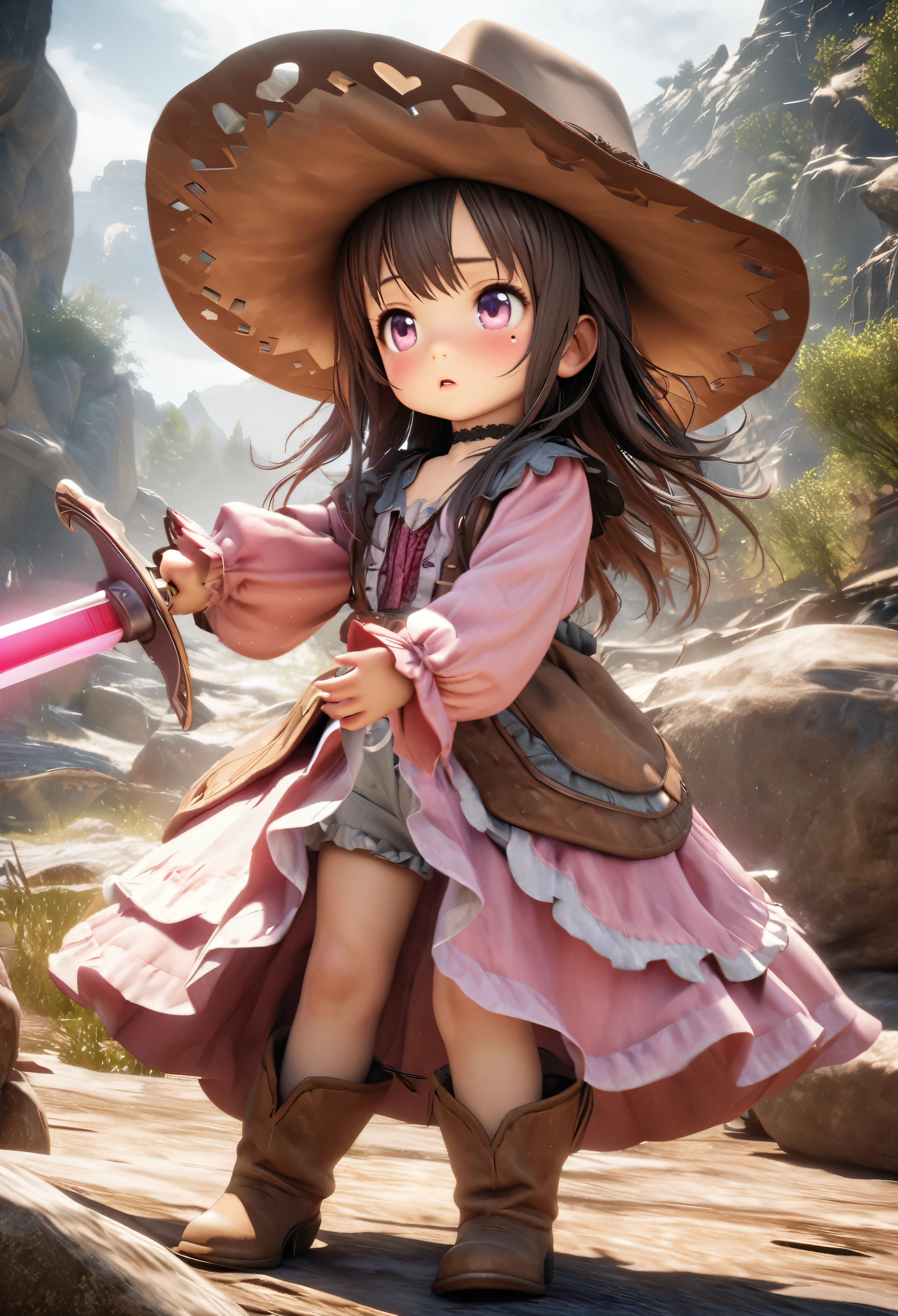Masterpiece, Best Quality, Super Detailed, High Definition, Expensive Resolution, HDR, 4k, 8K, Unity 8k Wallpaper, Super Detailed CG, Masterpiece, Realistic, 2D, 3D, Beautiful Details, Depth, Fine Texture, Super Fine: 1.3, Complete concentration, crispy skin, him, very cute anime girl, about 3 years old, wearing cowboy style costume, large cowboy hat, baggy cowboy hat, cowboy boots technique Wilderness, duel, long sword, expensive pink One girl, about 3 years old, single, pink semi-long hair, cowboy style, cowboy hat, toy long sword, duel, cowboy boots under the eyes, gaze, expensive, blush, mole, parted lips, Hair ornament, heart, pink eyes, choker