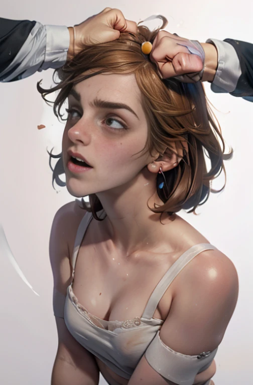 ((Emma Watson)), High school, brown short hair, big breasts, thick thighs, white panties, pulling panties up, skinny, (((she is brutally slapped in the face:1.2))), (((hit in cheek))), (((woman body view:1.2))), ((panty))), (((women beaten))), (((cheek deformed by the violent impact:1.2)))