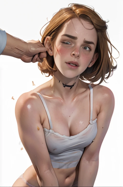 ((Emma Watson)), High school, brown short hair, big breasts, thick thighs, white panties, pulling panties up, skinny, (((she is brutally slapped in the face:1.2))), (((hit in cheek))), (((woman body view:1.2))), ((panty))), (((women beaten))), (((cheek deformed by the violent impact:1.2)))