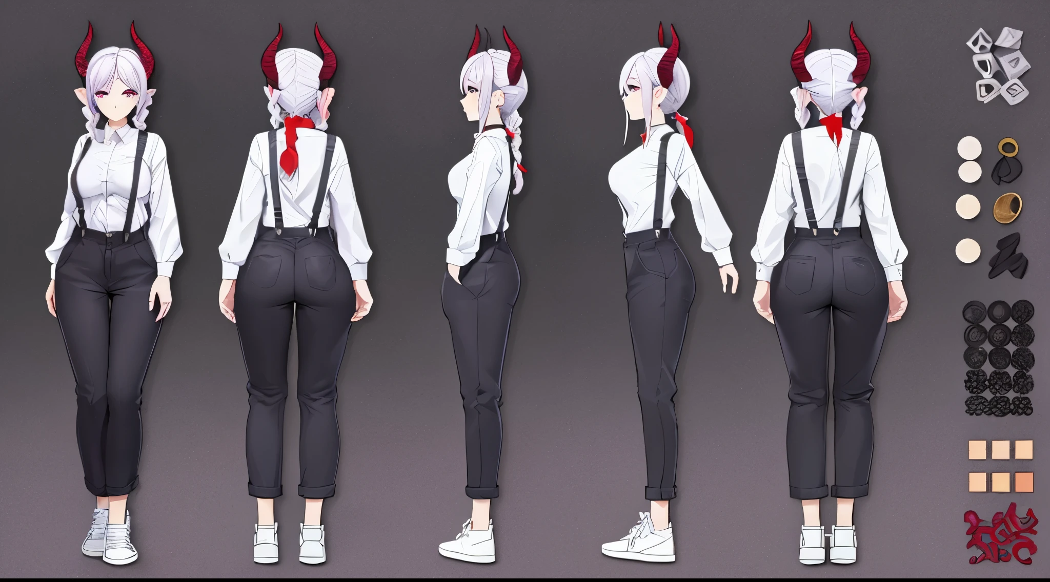 (Masterpiece, best quality), detailed, character sheet, many items (the same person, shirt, pants, lowered suspenders, white sneakers, many parts), demon, narrow hips, demon girl, detailed beautiful purple eyes, detailed face, white hair and white skin, braided ponytail, demon horns, full of details.