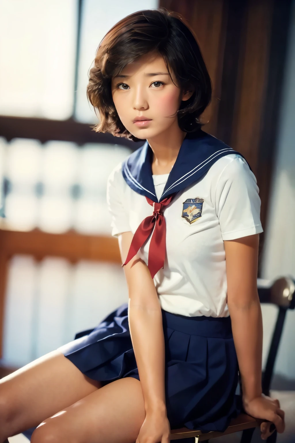 photorealistic, (masterpiece, best quality:1.2), 1girl, solo, sitting on school chair, (cross legs:1.3), school desk, classroom, sailor uniform, sailor collar, short sleeve, red ribbon-tie, pleated mini skirt, flat chest, short hair,