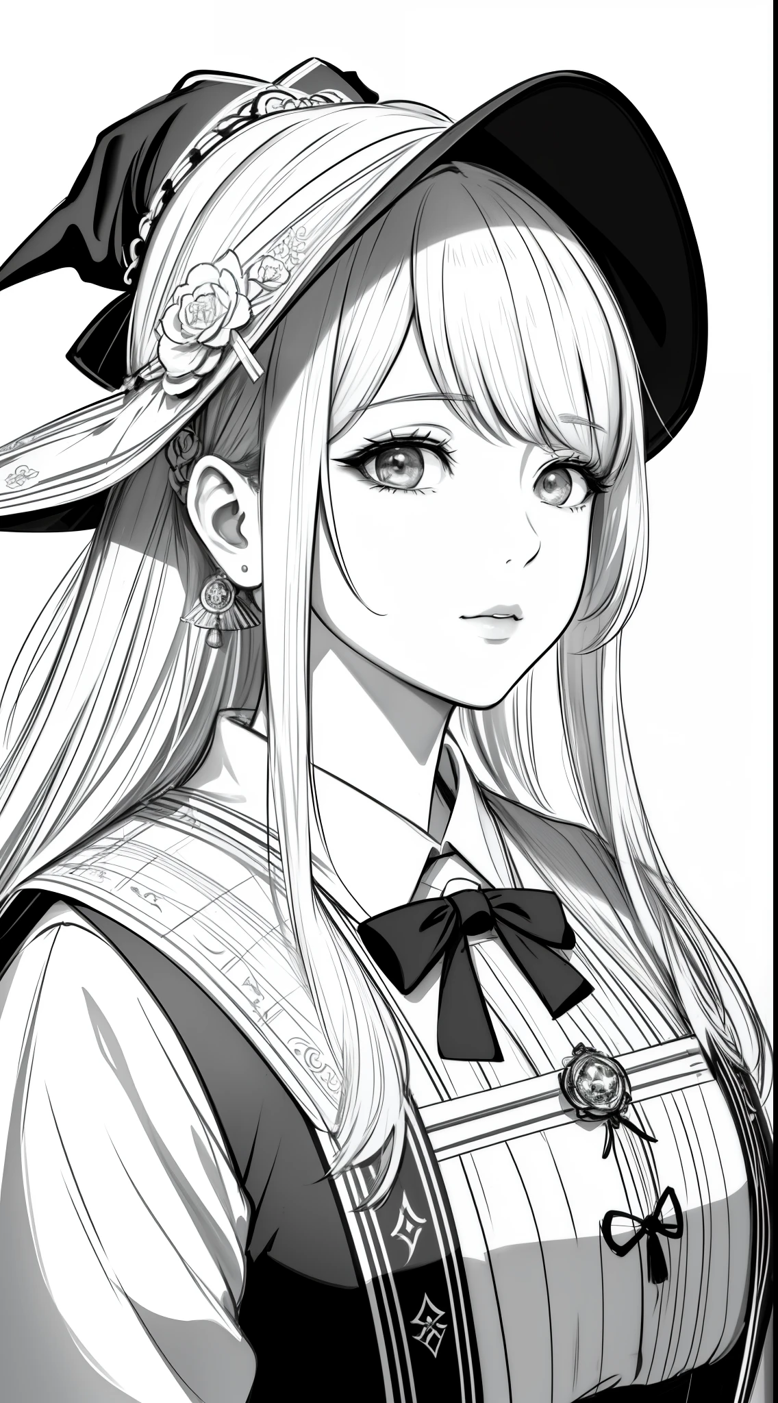 masterpiece, highest level, woman魔法师, alone, Bust Close-up, White background, monochrome, draw line, ((sketch)), woman, witch, , 特写portrait, White background, monochrome, line art, illustration, portrait, high quality, 4k, Super detailed, masterpiece:1.2, lifelike, photorealism:1.37, studio lighting, vivid colors, clear focus, Defocused, Physically based rendering