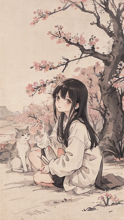 （1:1）Kitten next to a girl、field、Sitting in the steppe、the sky is clear、The wind is blowing,Cherry blossom trees,black hair