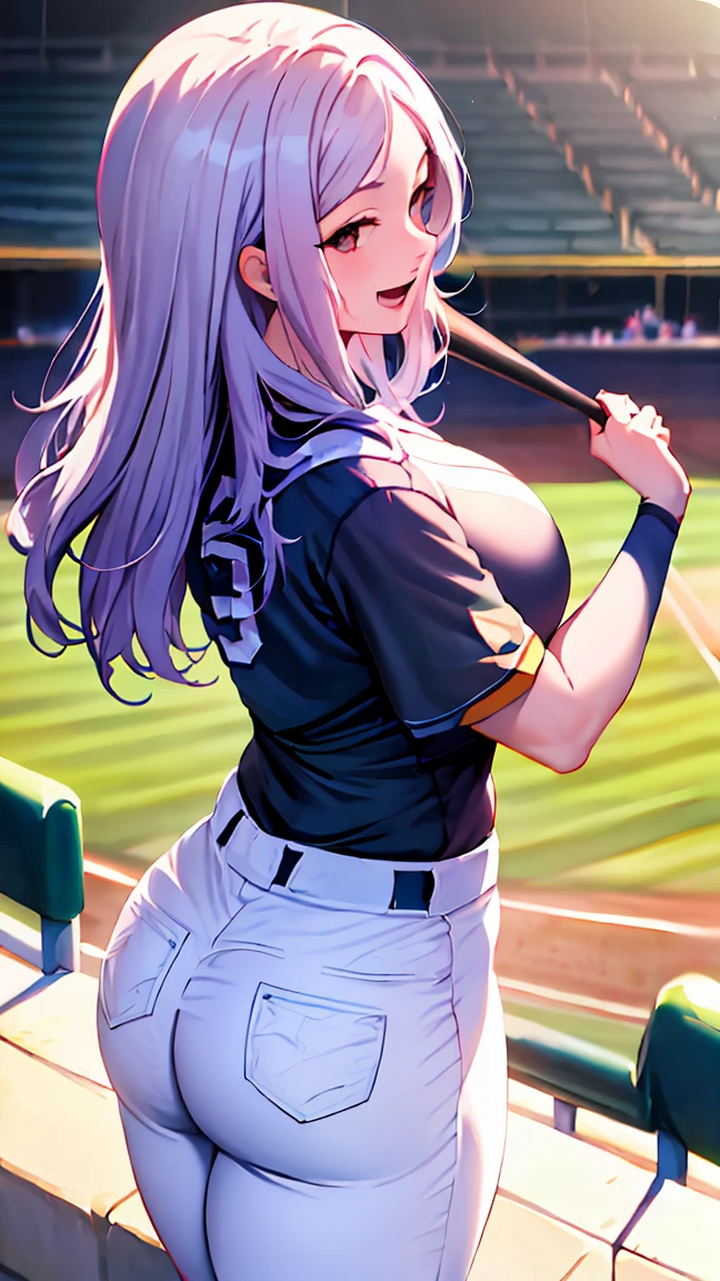 1lady solo, from above, standing on stairs, leading crowd in cheers, (baseball uniform shirt), jeggings, mature female, /(light brown hair/) bangs, (happy smile:0.8), (open mouth), (masterpiece best quality:1.2) delicate illustration ultra-detailed, large breasts, hands spread wide BREAK (holding noisemaker) in hand BREAK (baseball stadium) outdoors, lawn, audience, detailed background