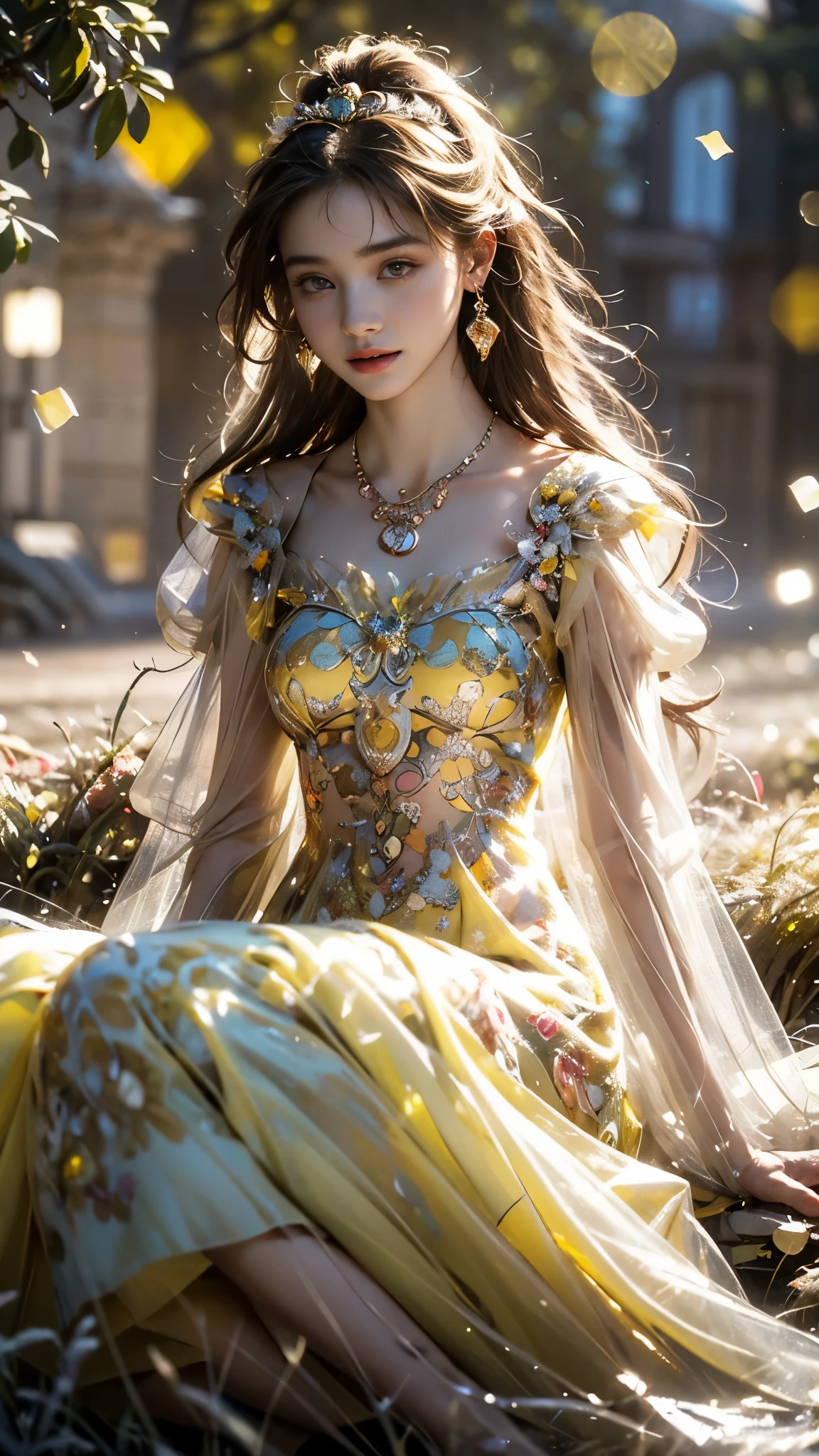 8K, ultra hd, masterpiece, 1 girl, (good face:1.4), detailed eyes, very long hair, impressive hairstyle, earings, necklace, small breasts, (yellow dress:1.5), see-through, (fantasy dress:1.5) Light-colored foundation brings out the transparency of the skin, (in the wonderland:1.5), mystery, diwali lights, glowing lights, very decoration, The lights falls like water, perfect front body, sitting,